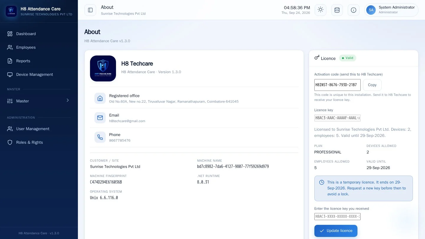 About and application setup interface