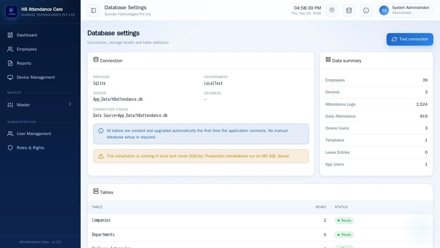 Database configuration and status interface