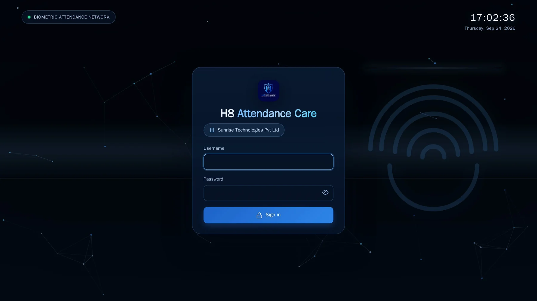 H8 Attendance Care login screen