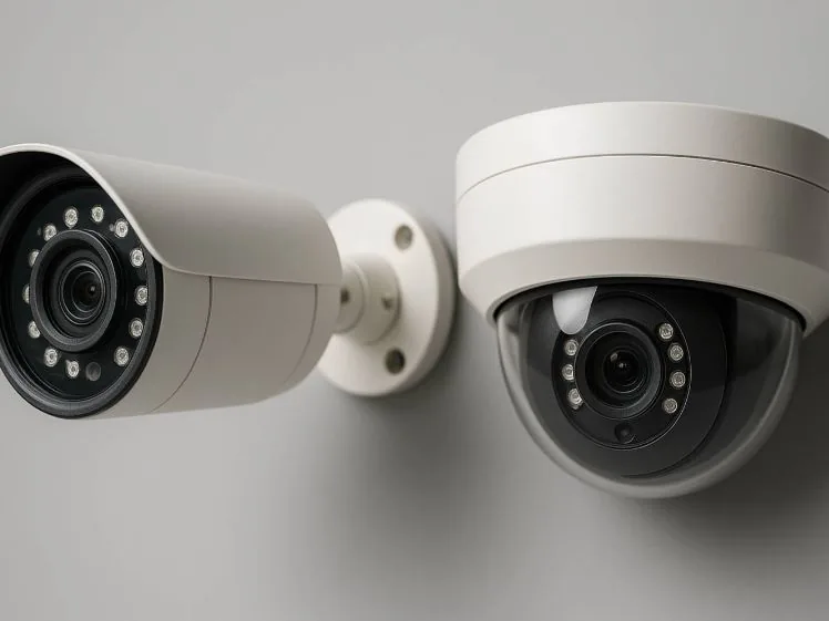 Bullet and dome CCTV cameras mounted on a wall
